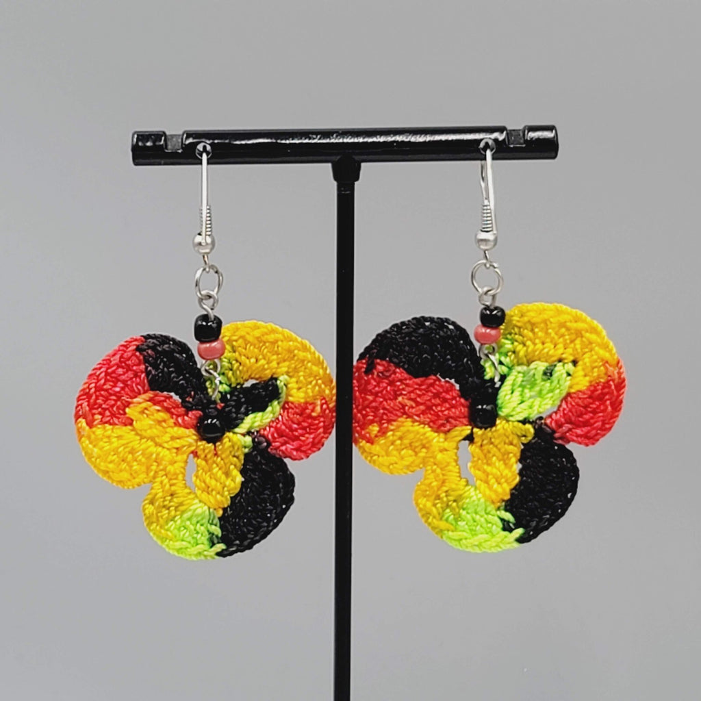 Crochet Pierced Earrings Red Black Yellow Green Dangle 1.5"