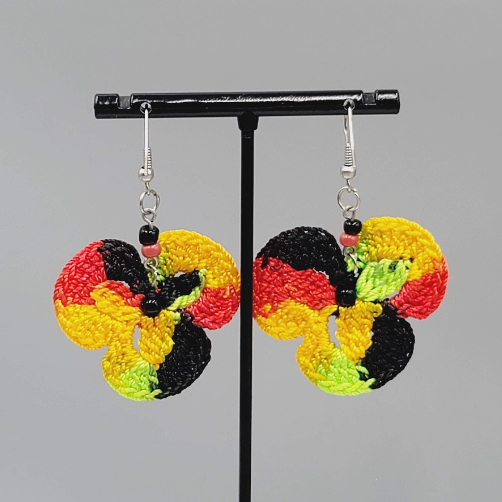 Crochet Pierced Earrings Red Black Yellow Green Dangle 1.5"