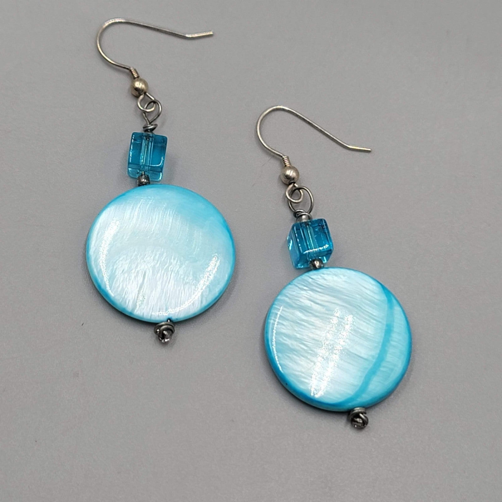 Blue Shell Crystal Bead Pierced Earrings Silver tone Dangle 1.75 in
