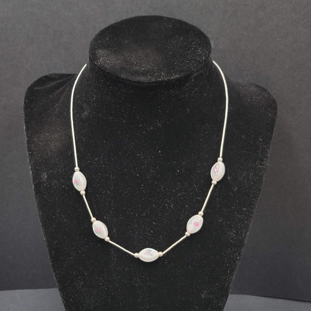 Art Glass Lampwork Rose Bead Necklace Sterling Silver 925 16”-17.5"