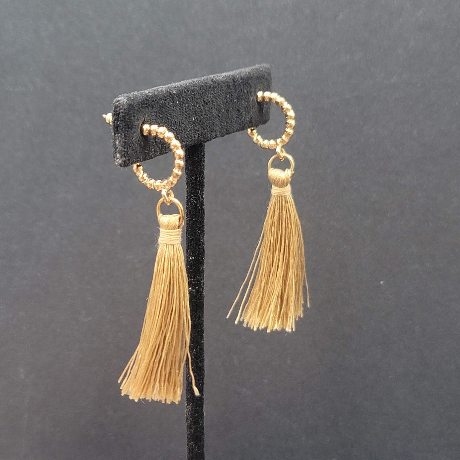 Pierced Earrings Gold Plate Hoops Thread Tassels 2.25"