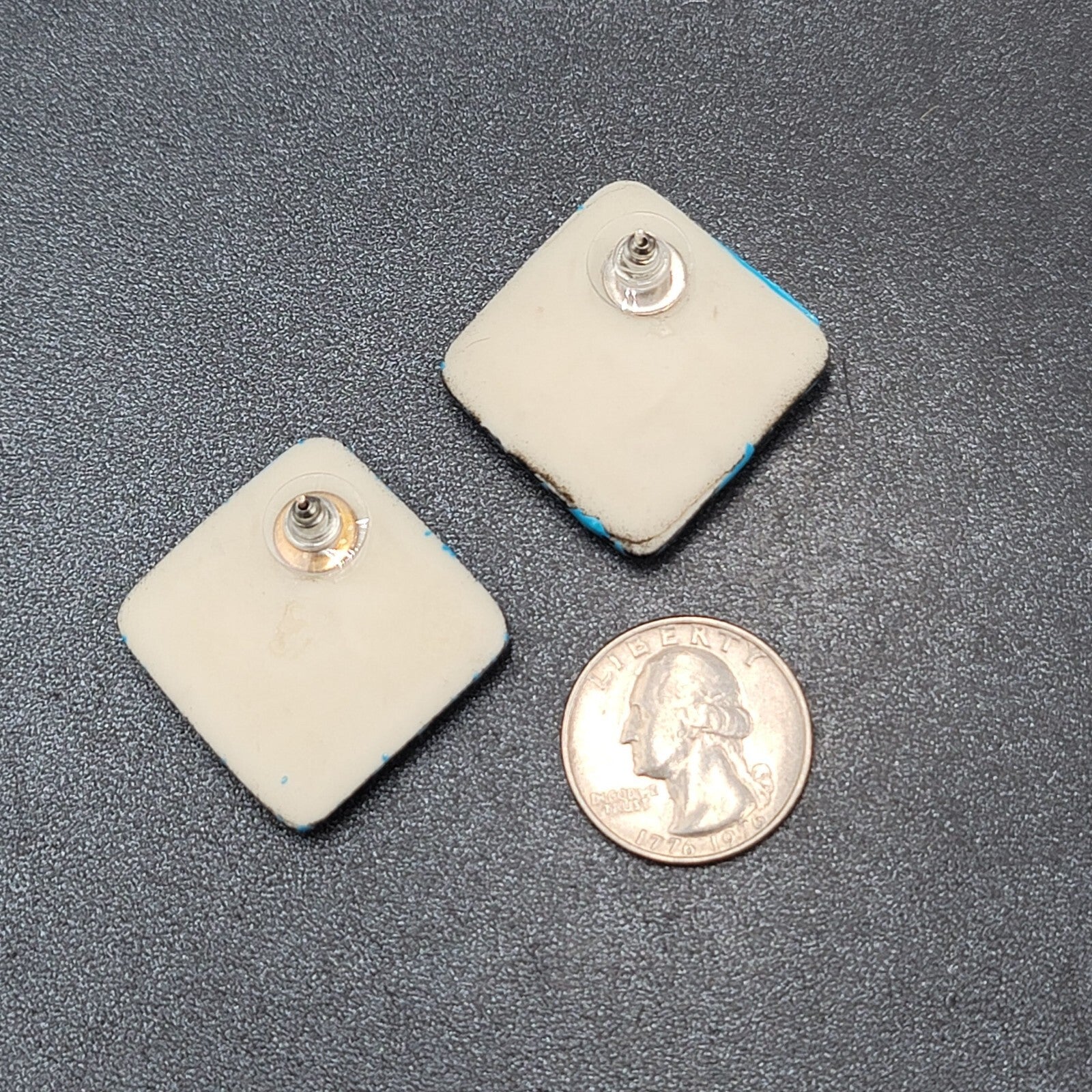 Vintage Pierced Earrings Acrylic Black Blue Enamel Statement Square Drop 1 1/8"