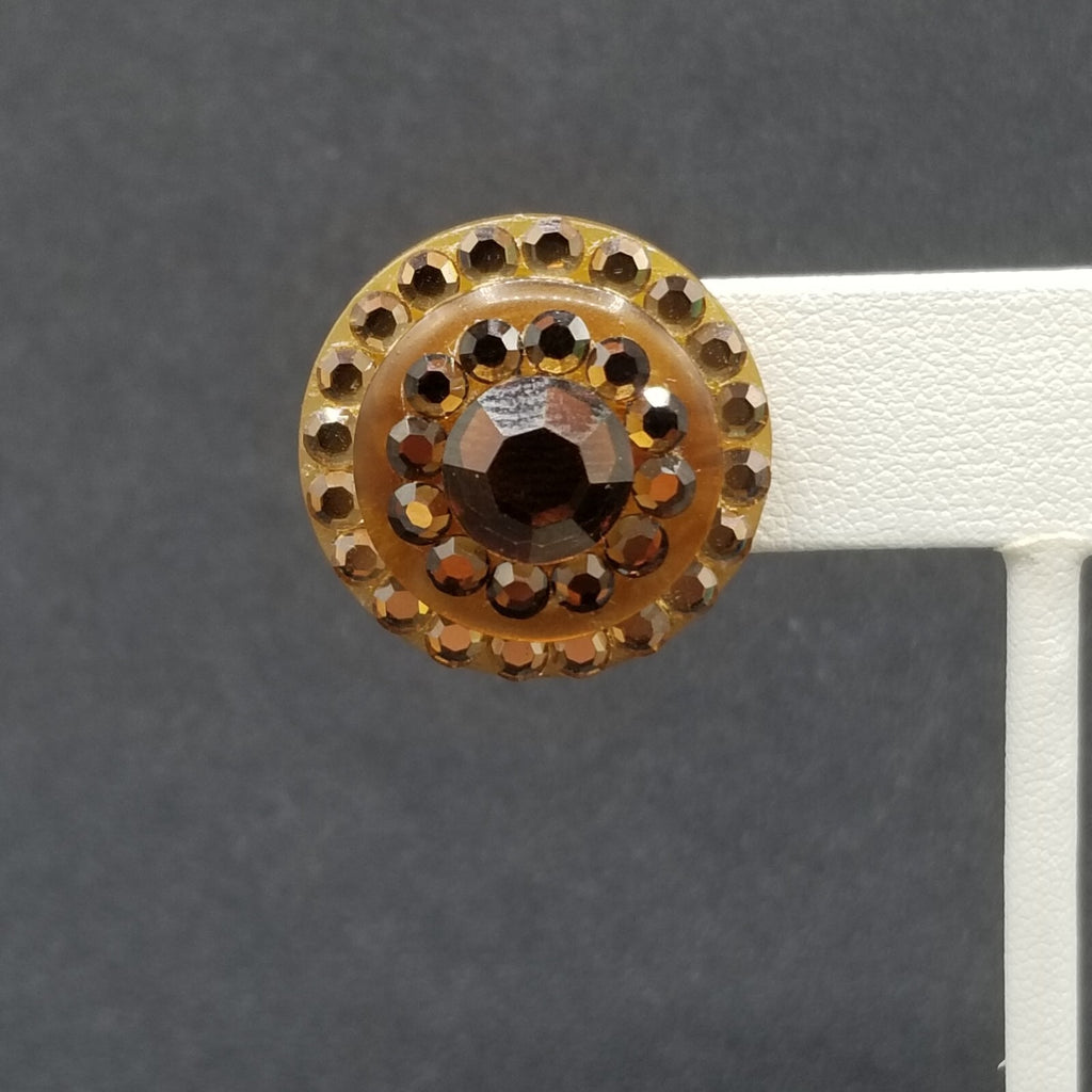 Pierced Earrings Brown Faceted Crystal Button Style Statement Stud 1"