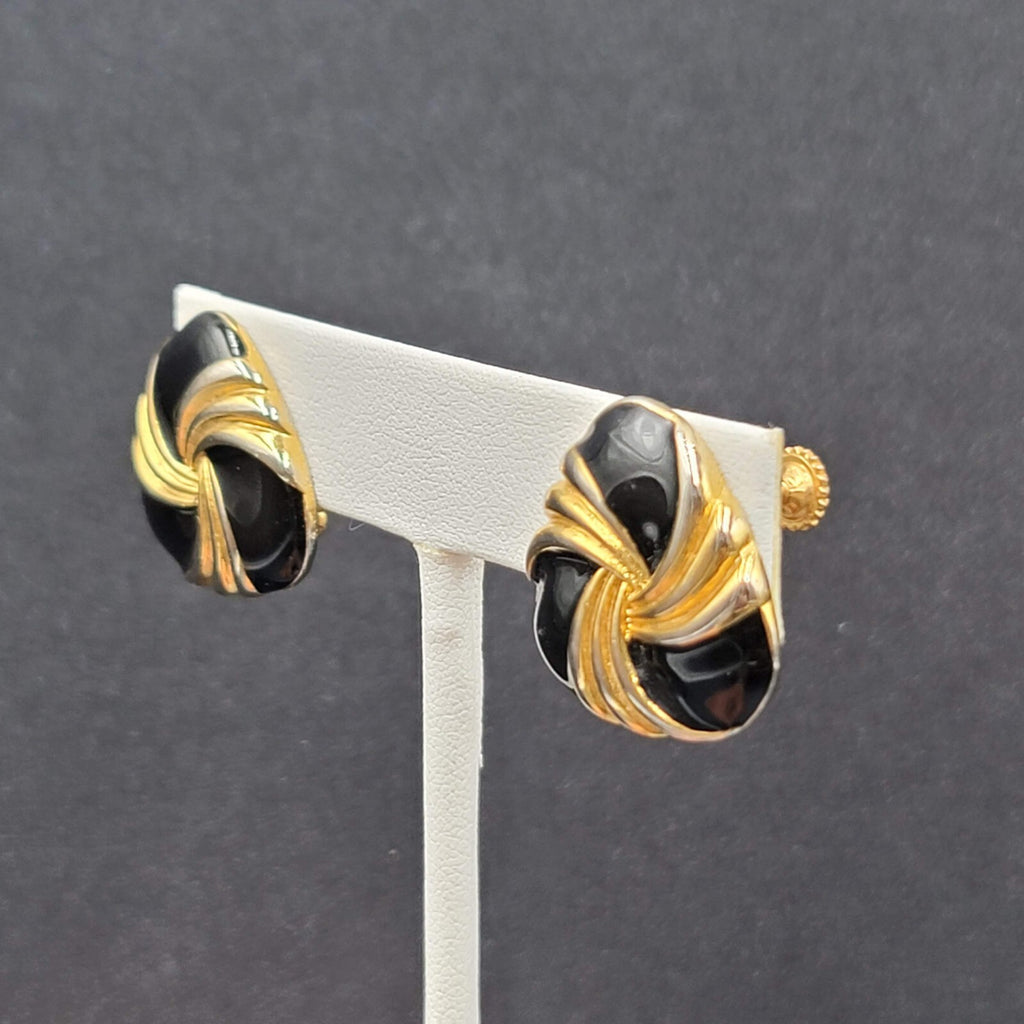 Vintage Napier Clip on Earrings Gold tone Black Enamel Screw Back 7/8"
