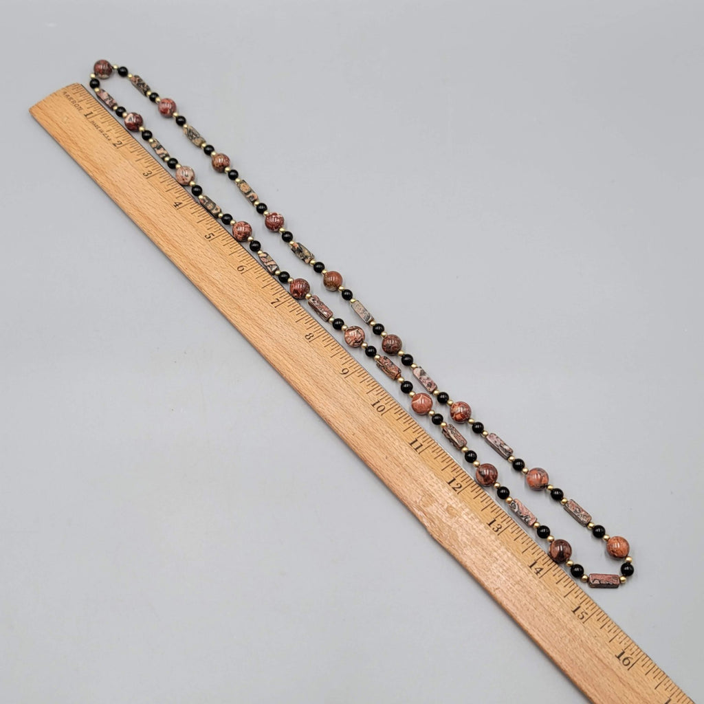 Leopard Skin Jasper Stone Bead Necklace Gold tone 30 in