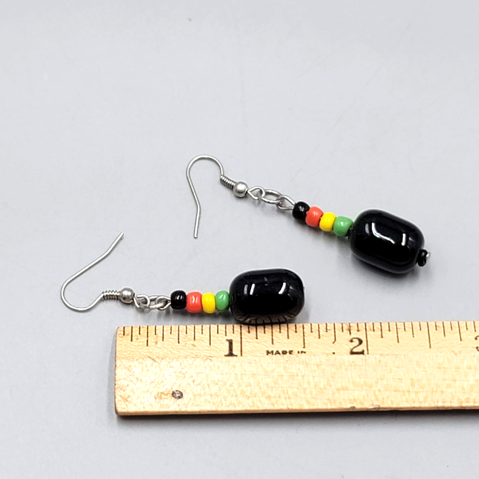Rasta Beaded Pierced Earrings Silver tone Dangle 1.25"