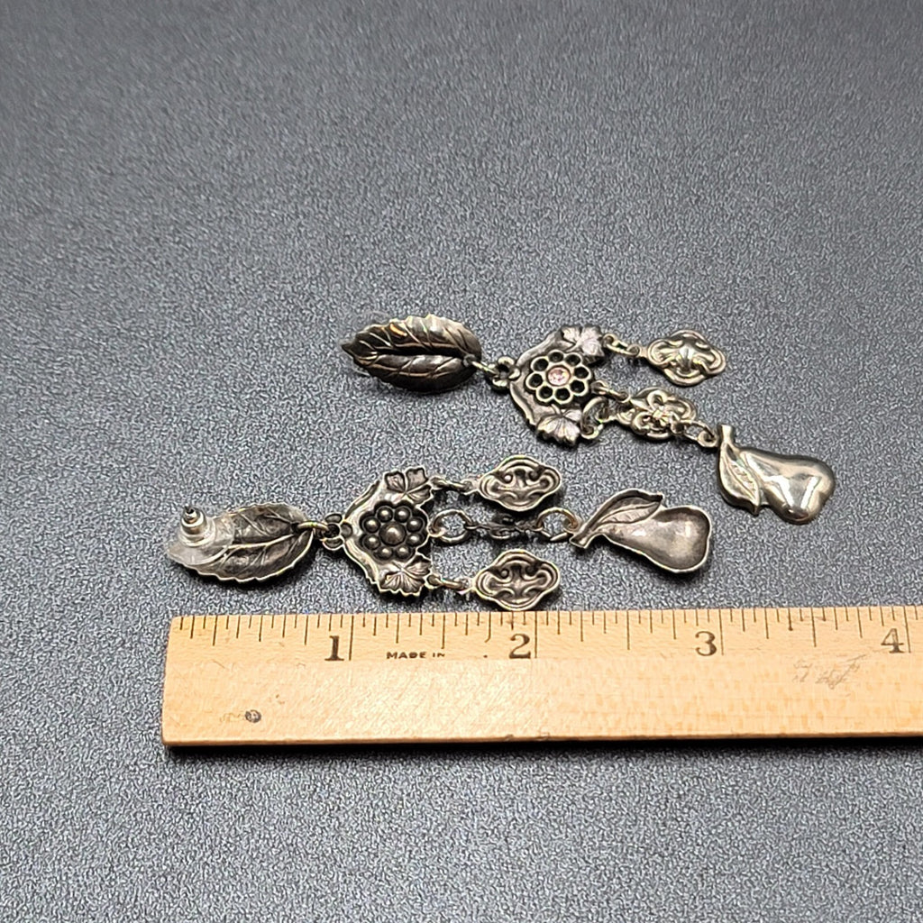 Vintage Pierced Earrings Silver tone Fruit Flowers Leaves Rhinestone 3"