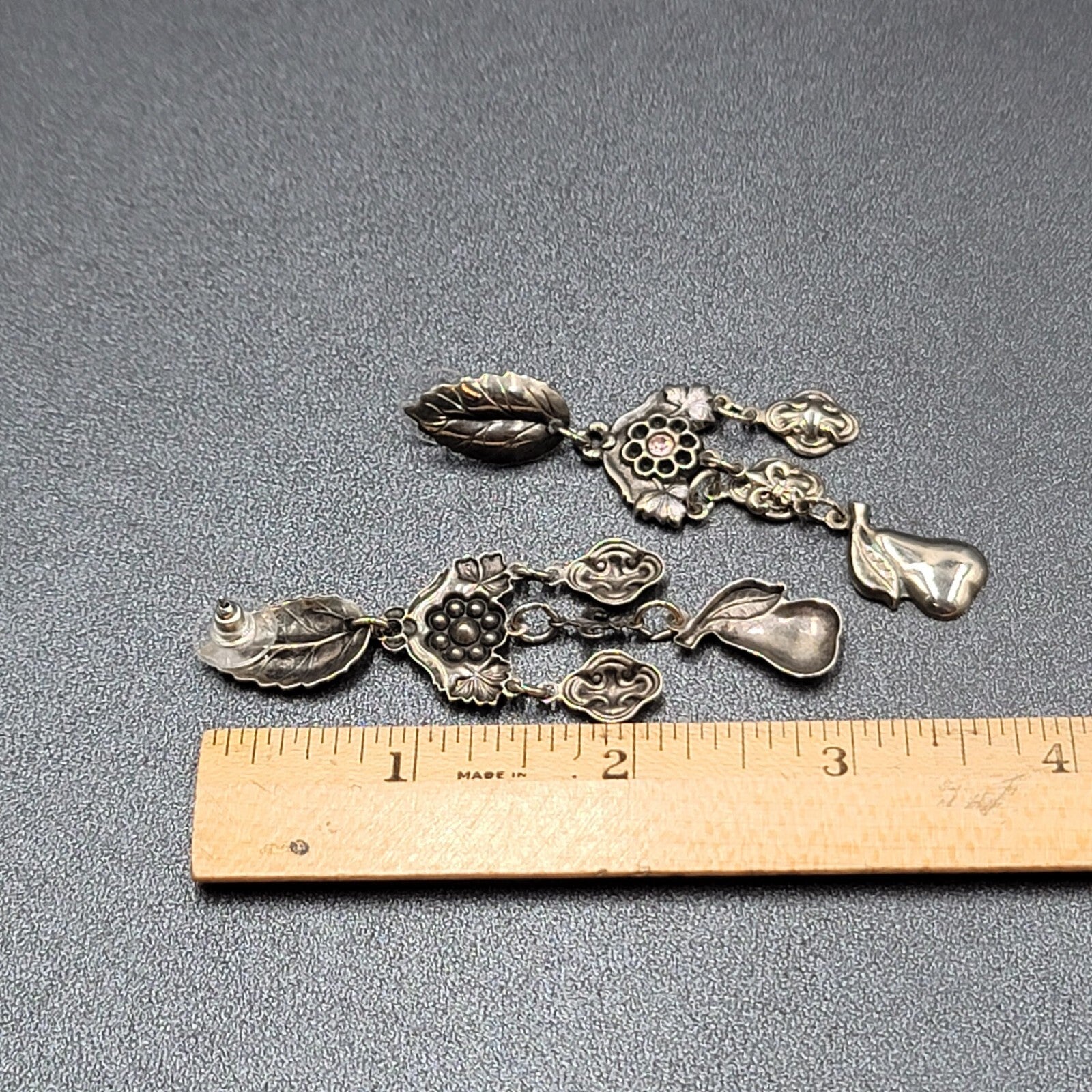 Vintage Pierced Earrings Silver tone Fruit Flowers Leaves Rhinestone 3"