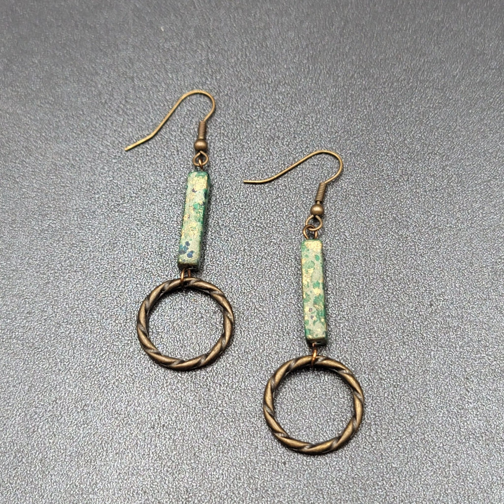 Pierced Earrings Bronze tone Green Stone Dangle 2"