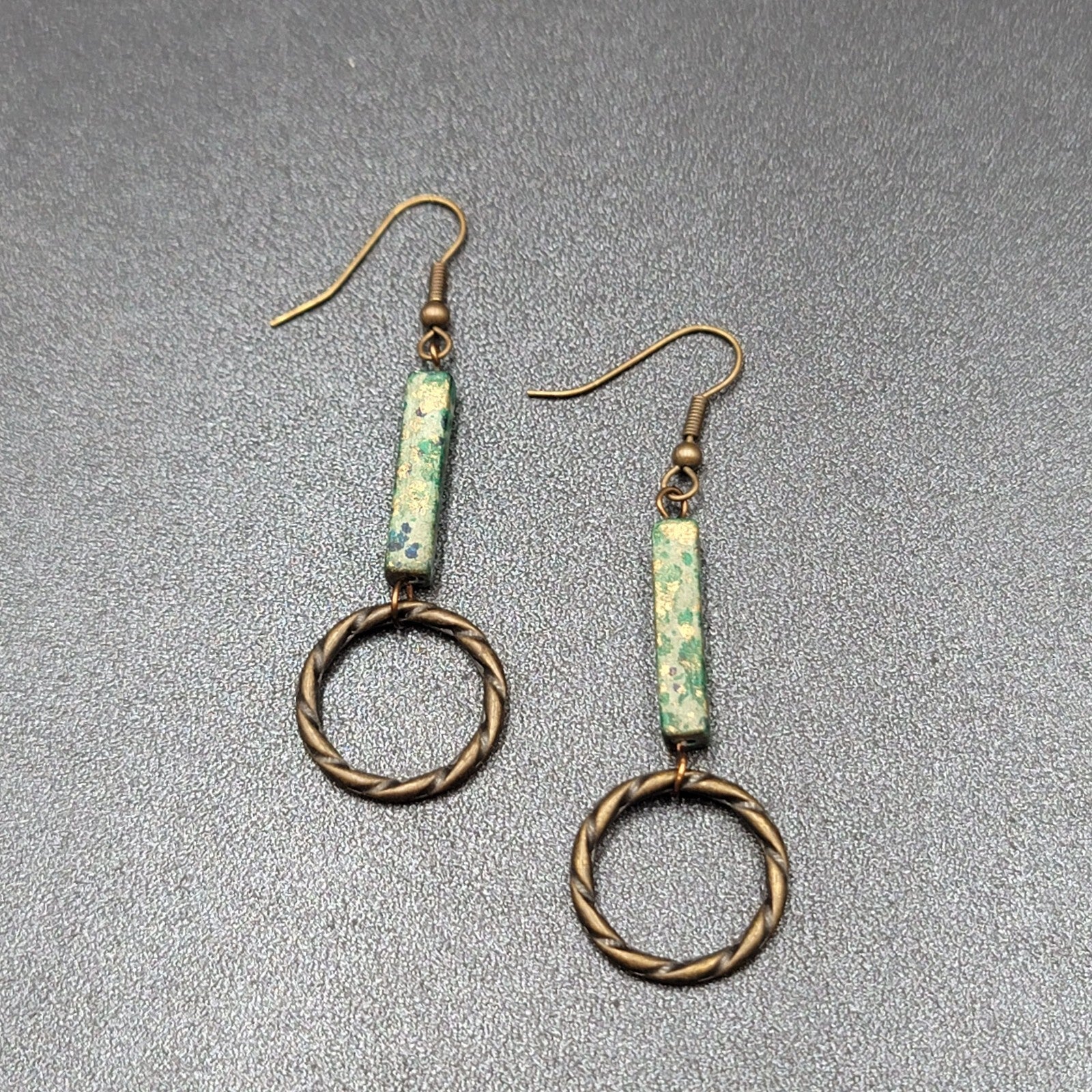 Pierced Earrings Bronze tone Green Stone Dangle 2"