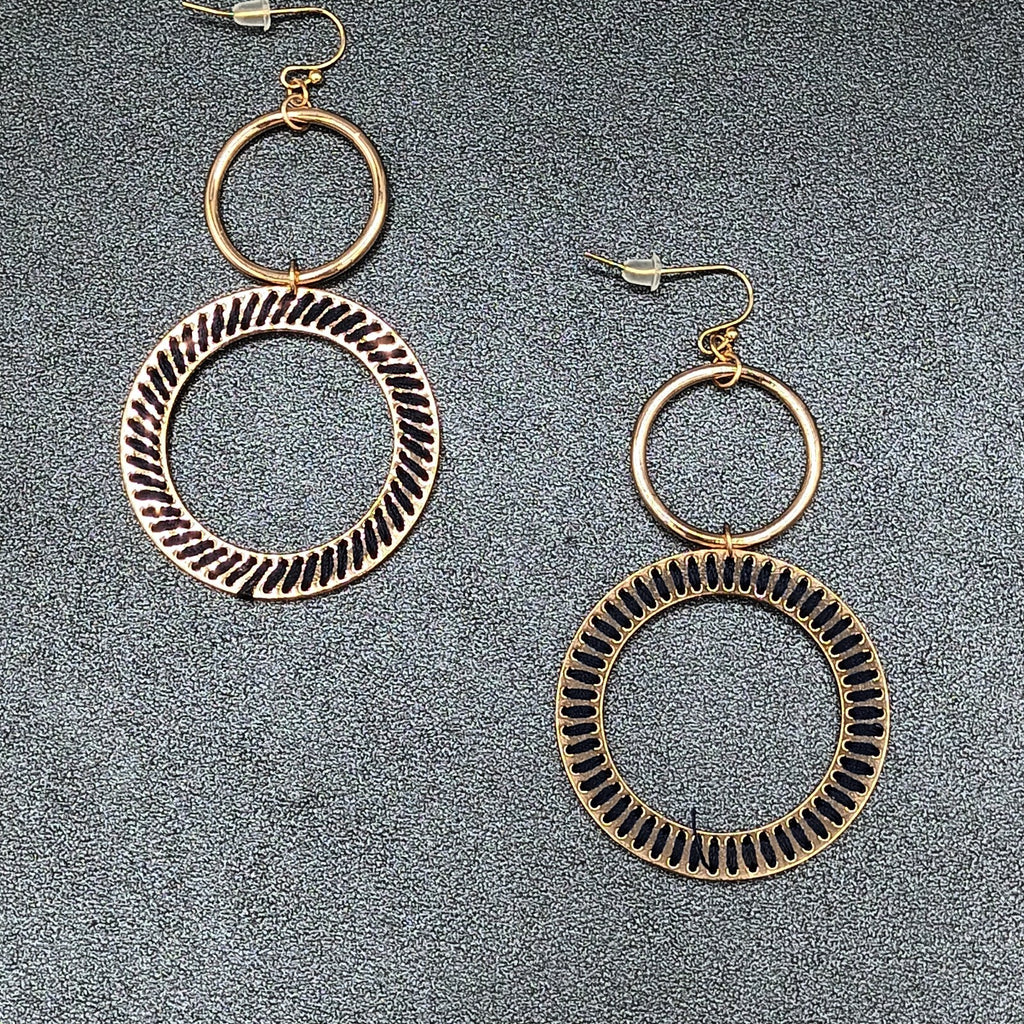 Pierced Earrings Gold tone Dangle Hoops Blue String Accents 2.75"