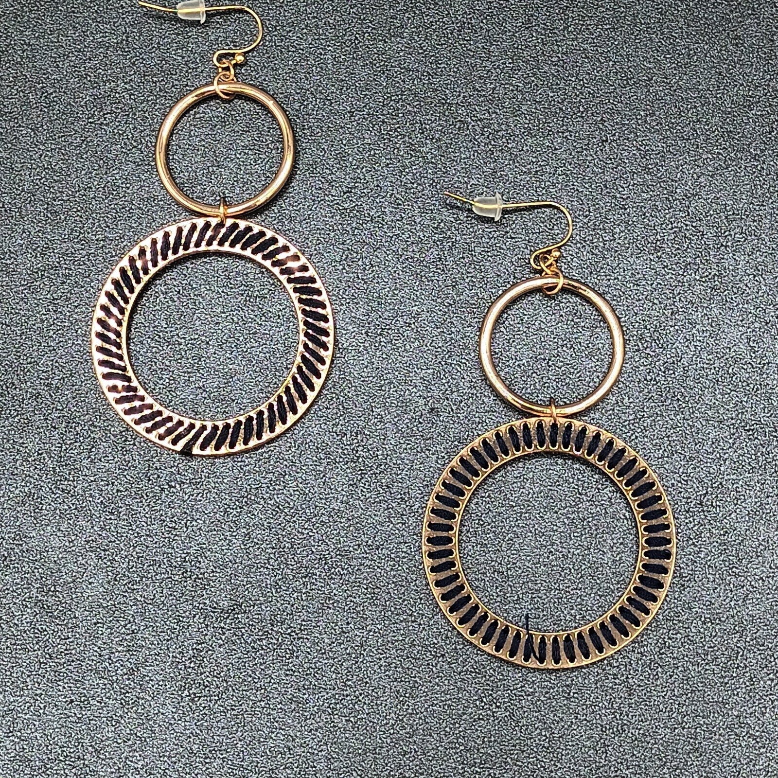 Pierced Earrings Gold tone Dangle Hoops Blue String Accents 2.75"