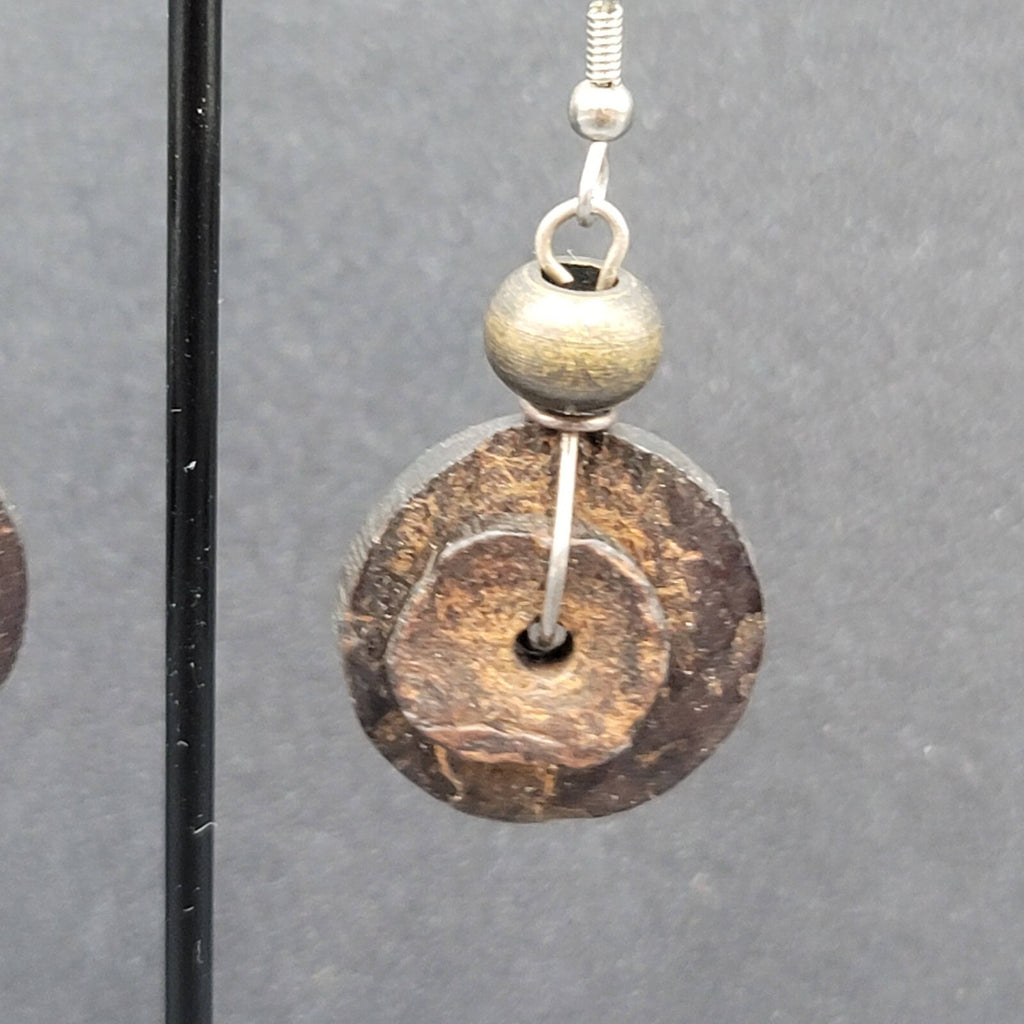 Pierced Earrings Silver tone Coconut Layered Disc Beads Dangle 1.25"