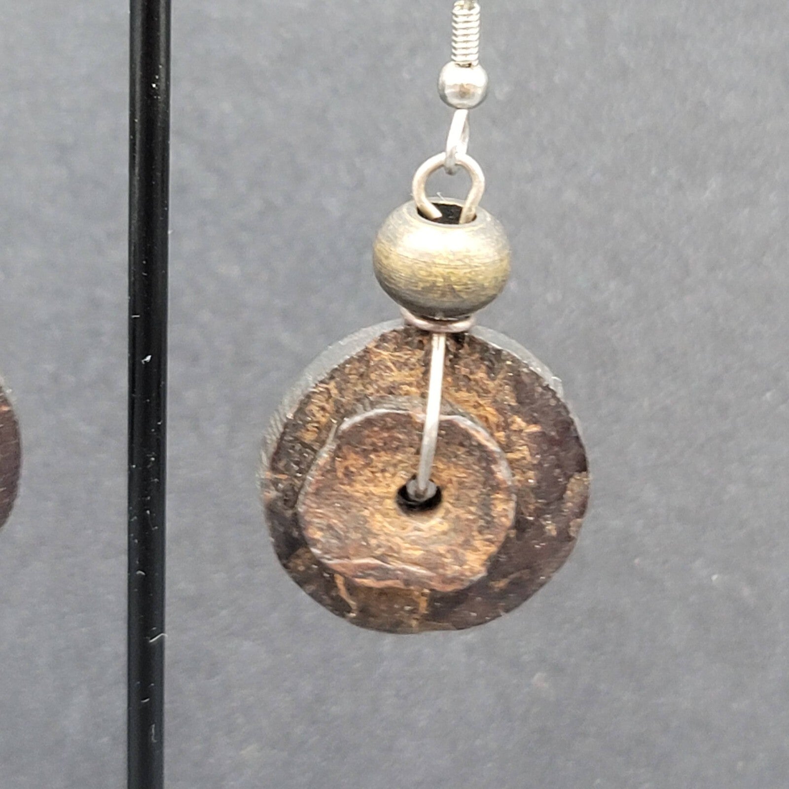 Pierced Earrings Silver tone Coconut Layered Disc Beads Dangle 1.25"