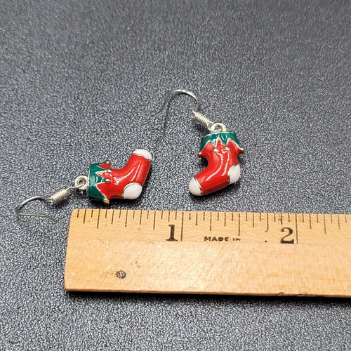Christmas Pierced Earrings Silver tone Enamel Stockings Solid 5/8"