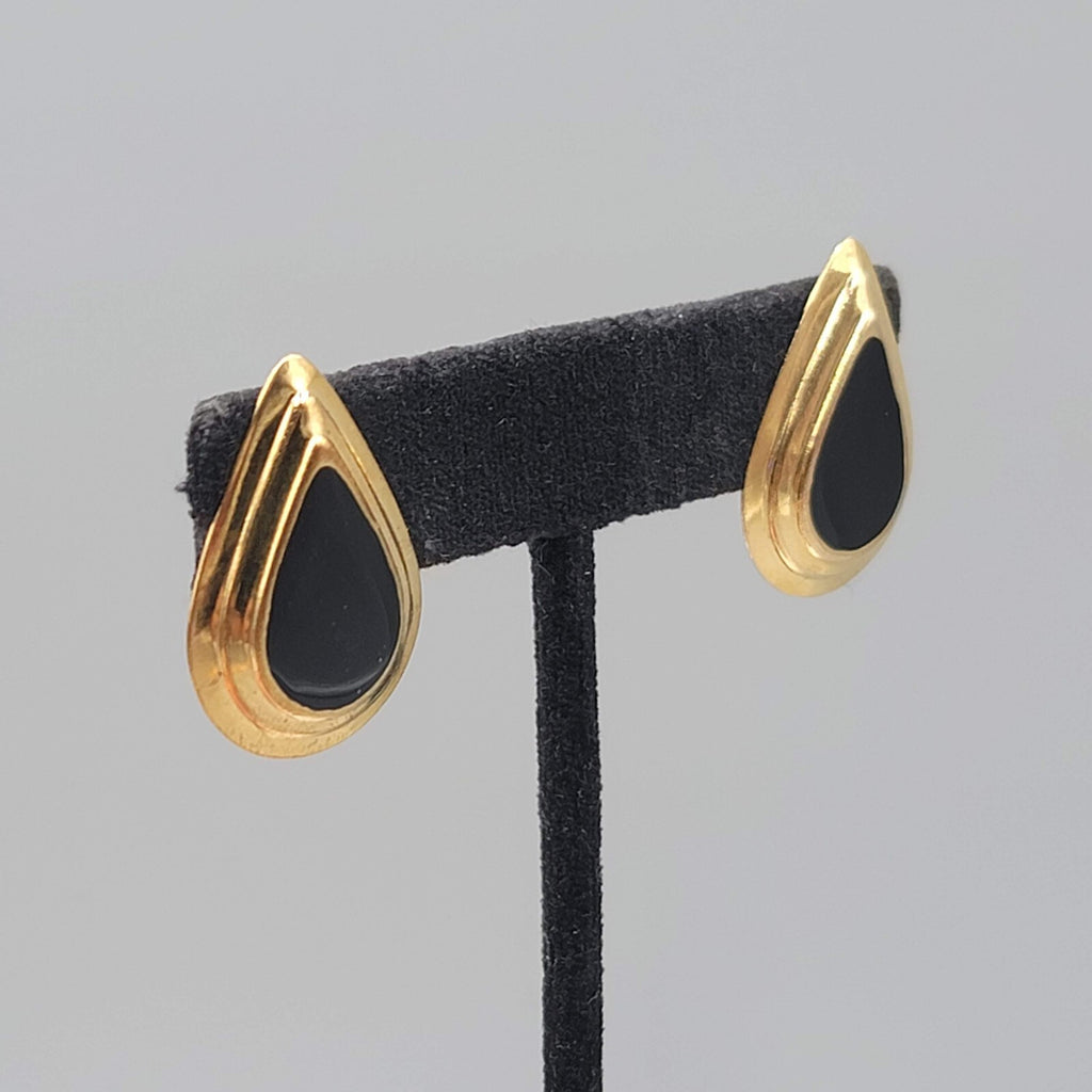Vintage Pierced Earrings Gold tone Black Enamel Teardrop Lightweight 1"