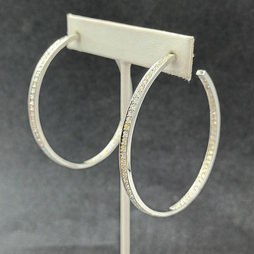 Pierced Earrings Silver tone Inside Outside Rhinestone Hoop 2 1/4"