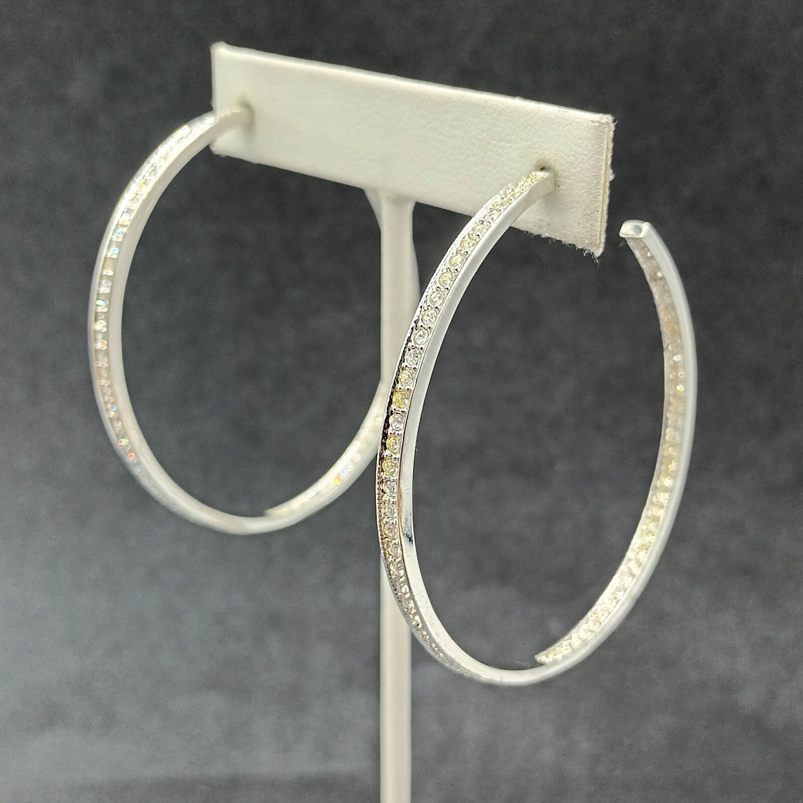 Pierced Earrings Silver tone Inside Outside Rhinestone Hoop 2 1/4"