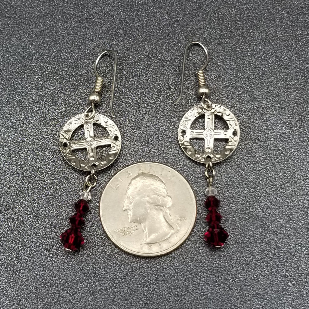 Pierced Earrings Silver tone Open Work Red Crystal Bead Statement Dangle 1 1/2"