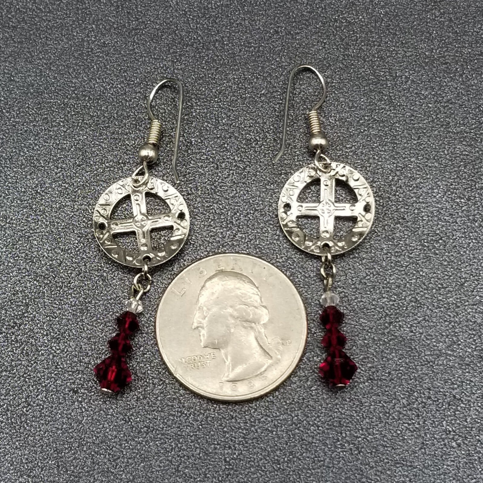 Pierced Earrings Silver tone Open Work Red Crystal Bead Statement Dangle 1 1/2"
