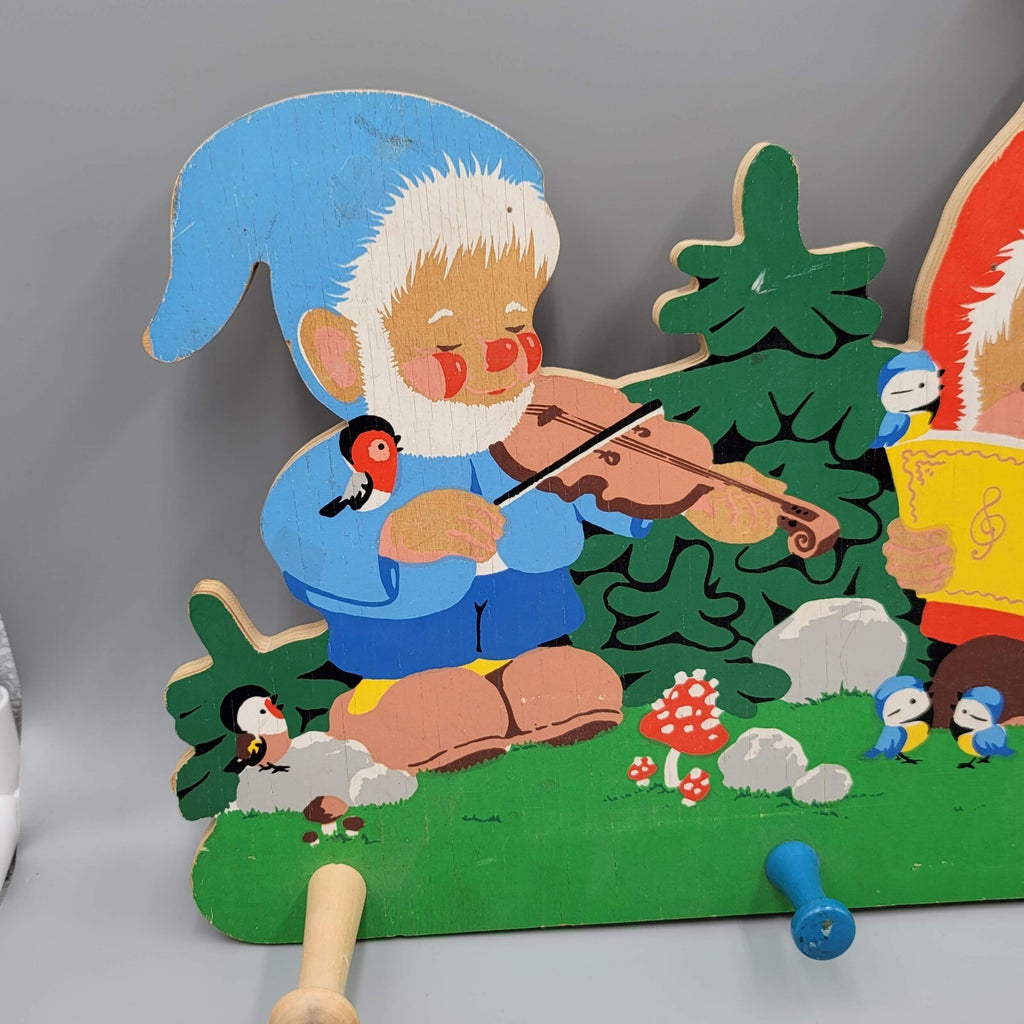 Vintage Grossman Winkl Garden Gnomes Childrens Wood Coat Hat Rack Germany