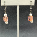 Pierced Earrings Silver tone Pink Art Glass Faux Pearl Asymmetrical Dangle 1"