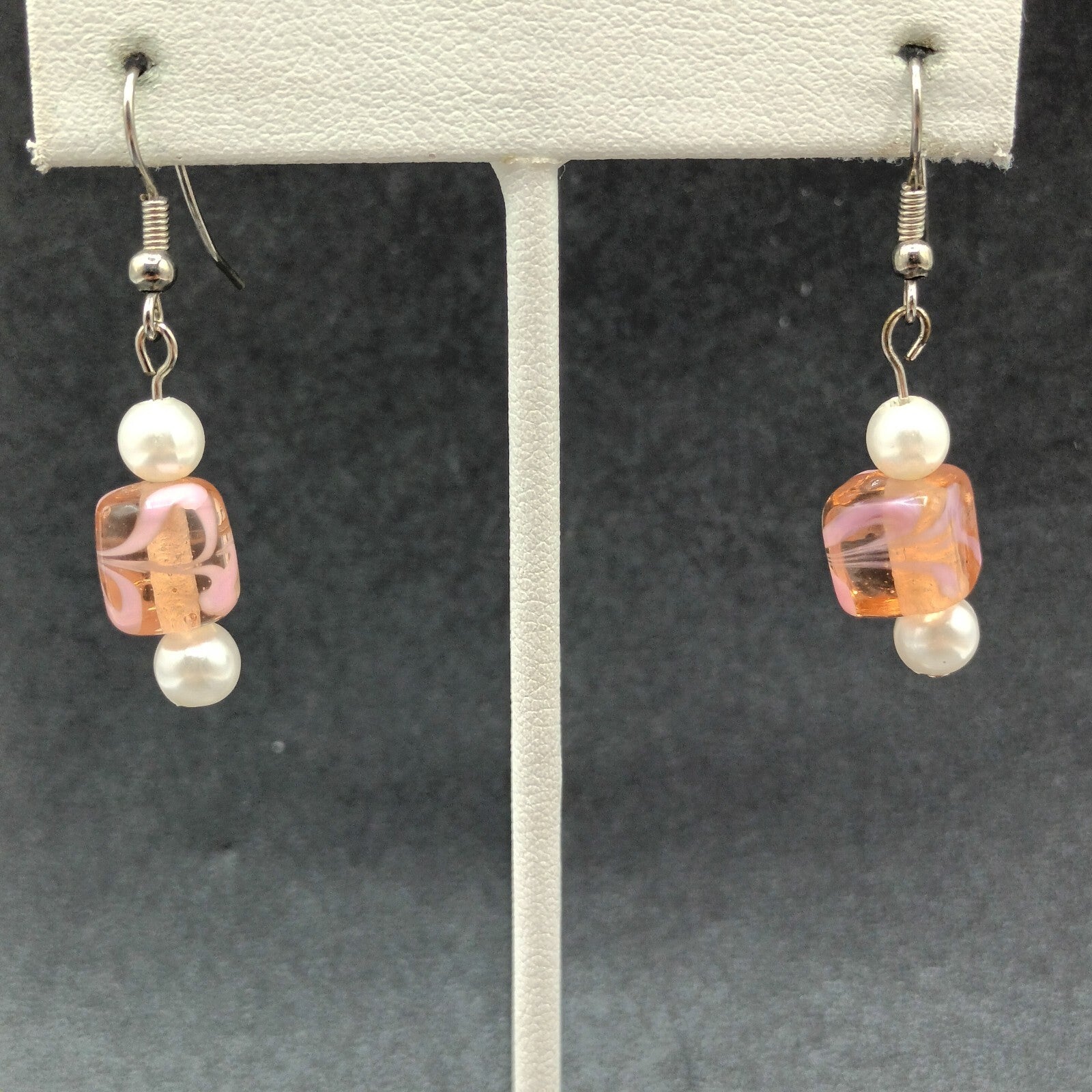 Pierced Earrings Silver tone Pink Art Glass Faux Pearl Asymmetrical Dangle 1"