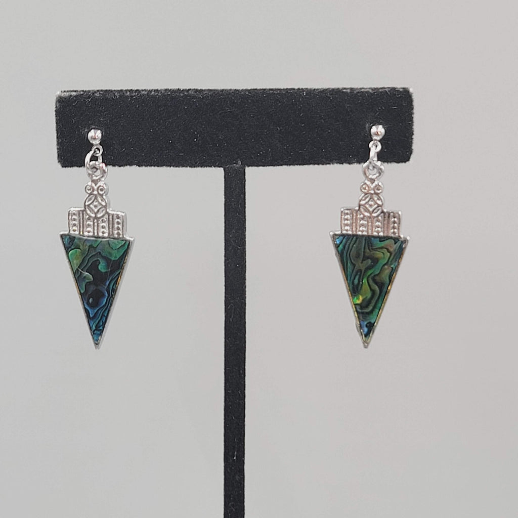 Pierced Earrings Faux Abalone Silver tone Triangle Dangle  1 3/8"