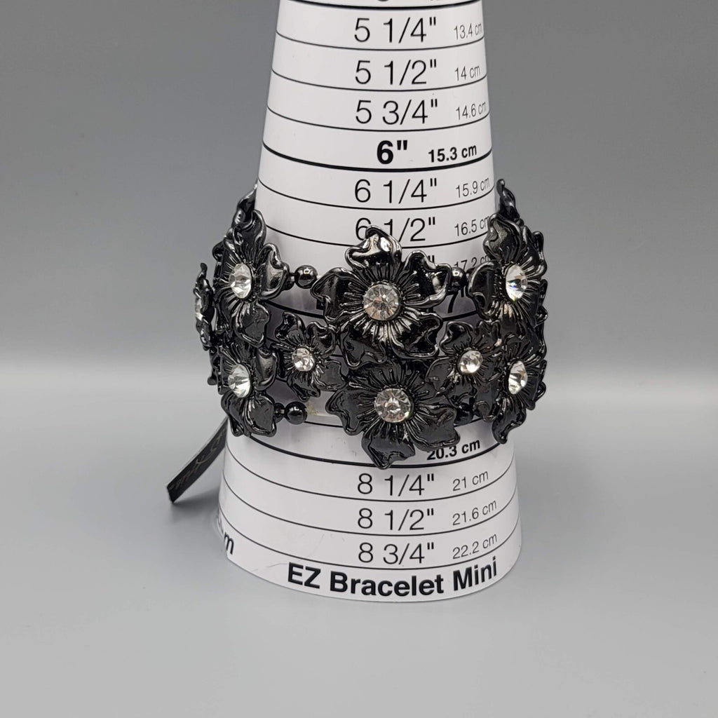 Birch Hill Bracelet Black Metal Flowers Clear Rhinestones Wide Elastic