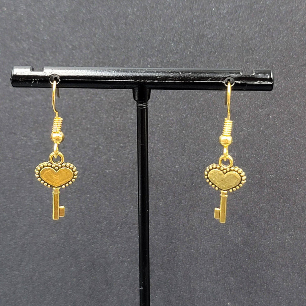 New Ornate Heart Skeleton Key Pierced Earrings Gold tone Dangle 5/8"
