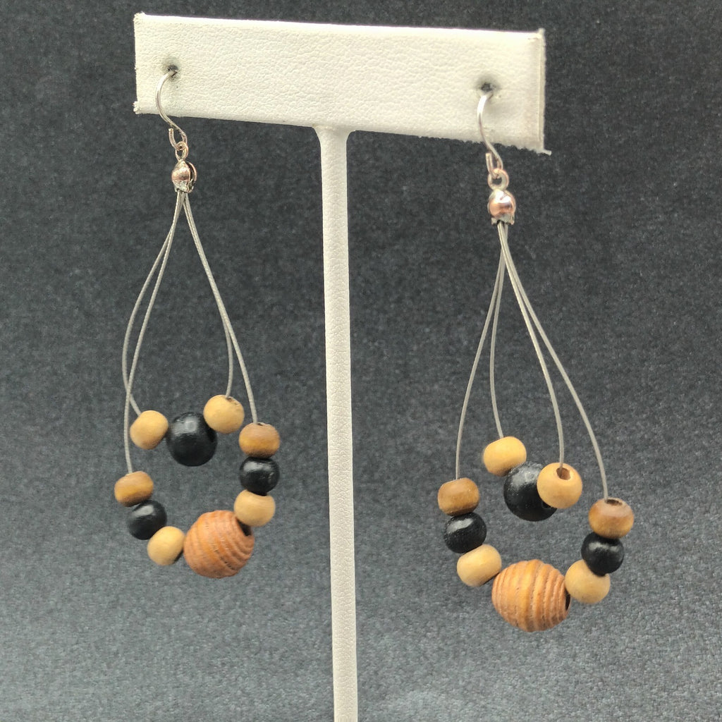 Pierced Earrings Silver tone Wood Beaded Wire Loop Dangle 2 3/8"