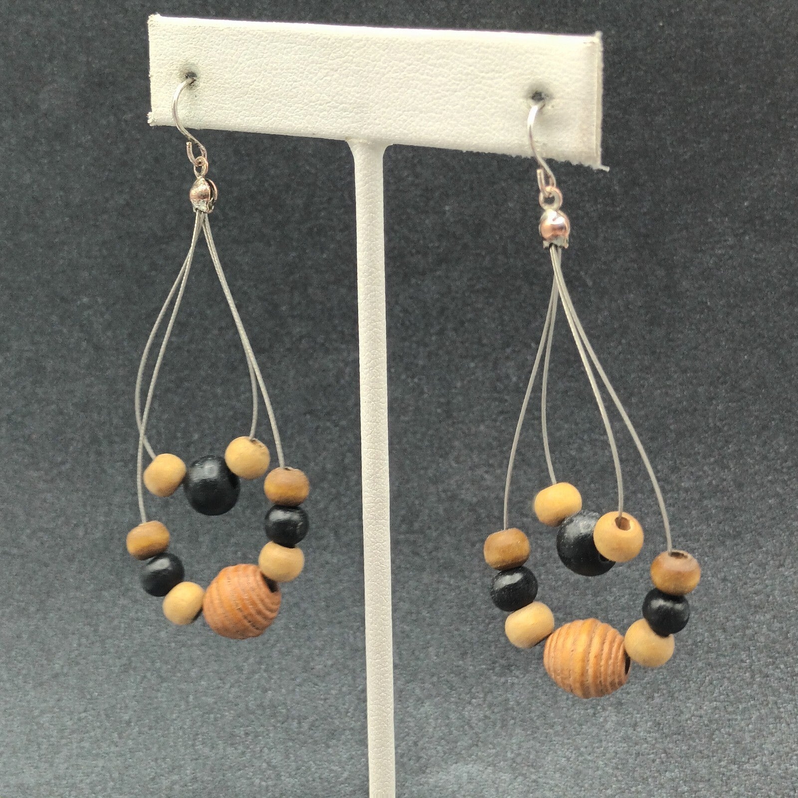 Pierced Earrings Silver tone Wood Beaded Wire Loop Dangle 2 3/8"