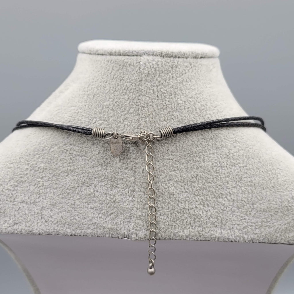lia sophia Necklace Black Leather Part Pendant Crystal Flowers Pewter 18 in