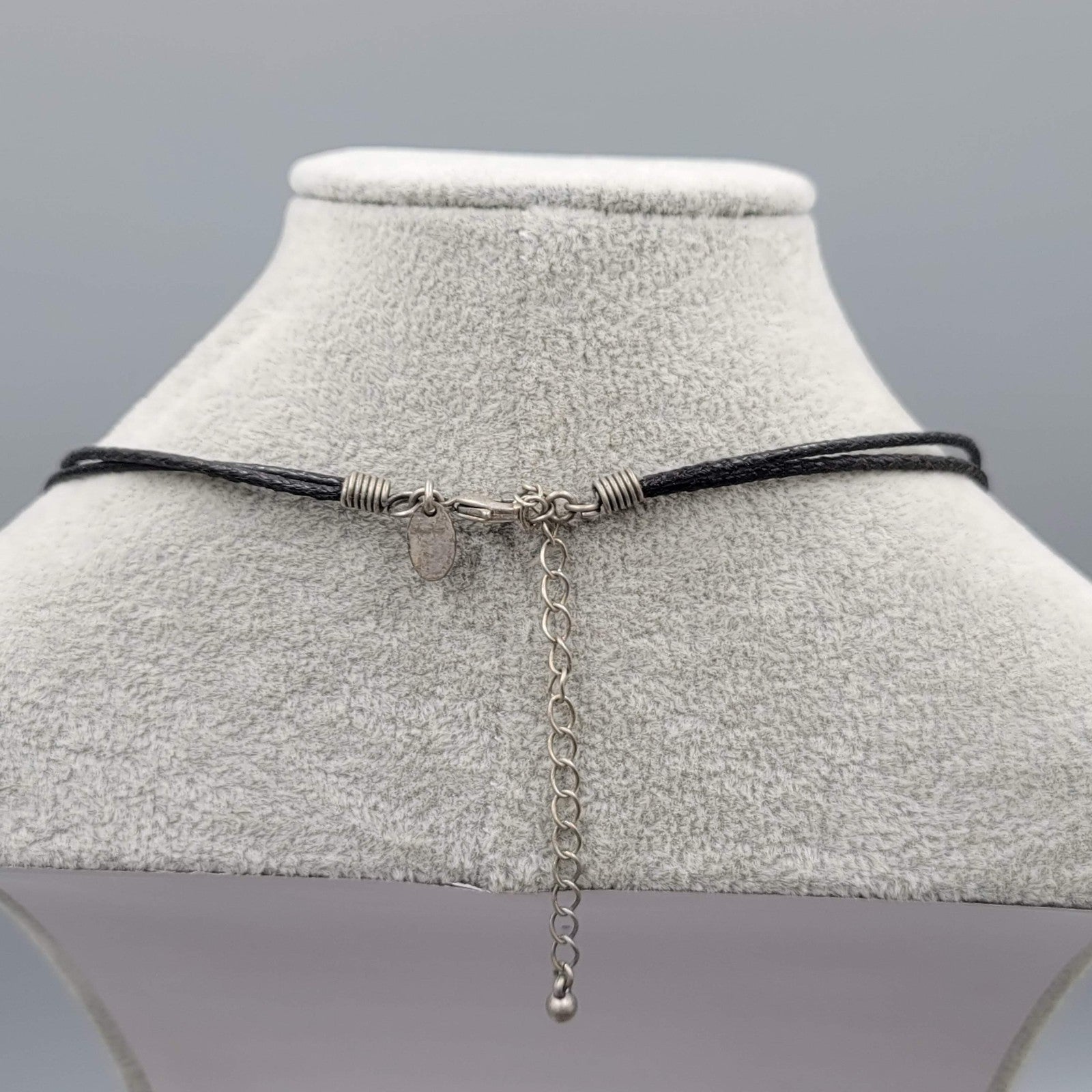lia sophia Necklace Black Leather Part Pendant Crystal Flowers Pewter 18 in