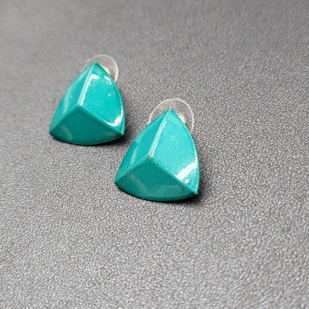 Vintage Pierced Earrings Teal Enamel over Metal Triangle Studs 3/4"