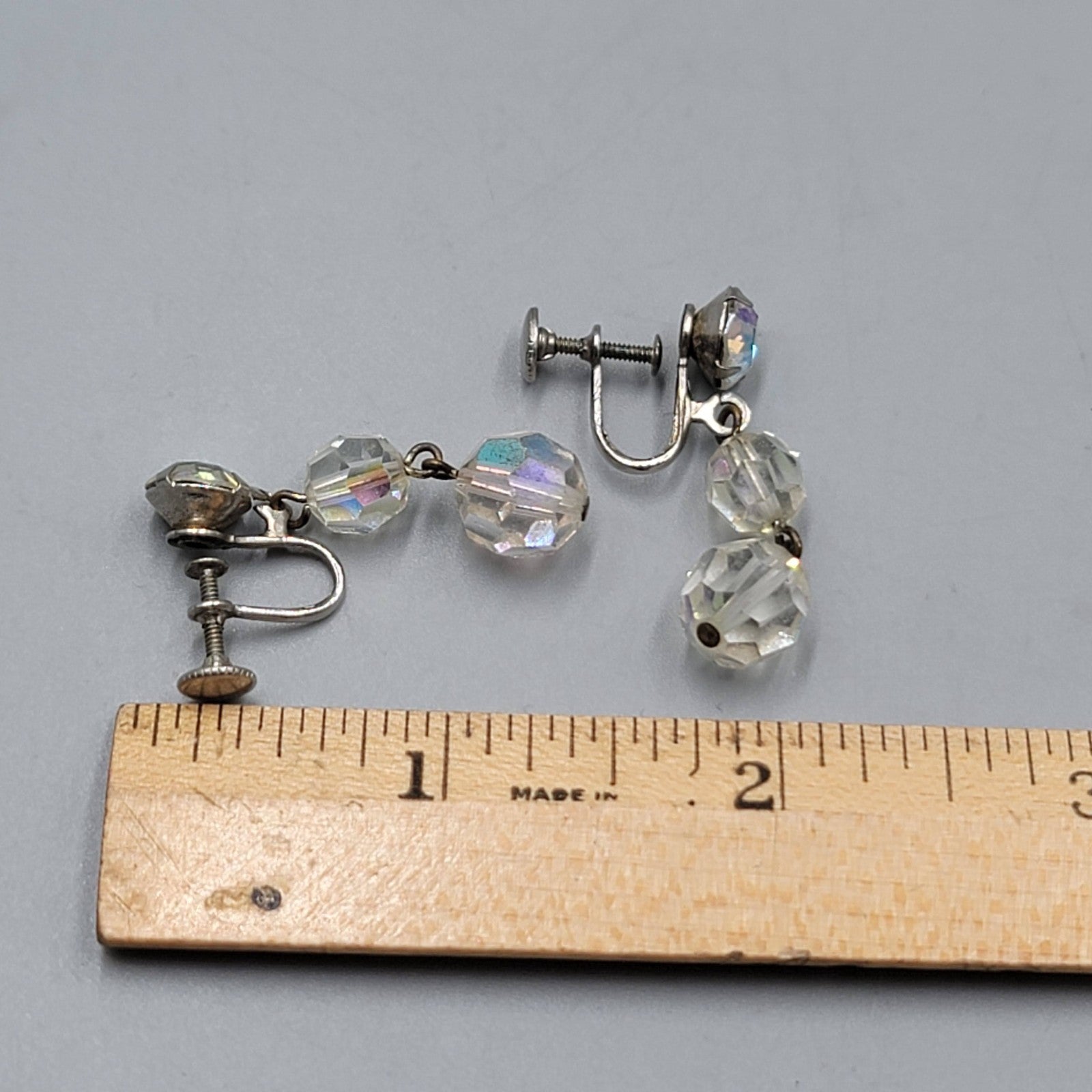 Vintage AB Beads  Clip on Earrings Silver tone Dangle  1.5"