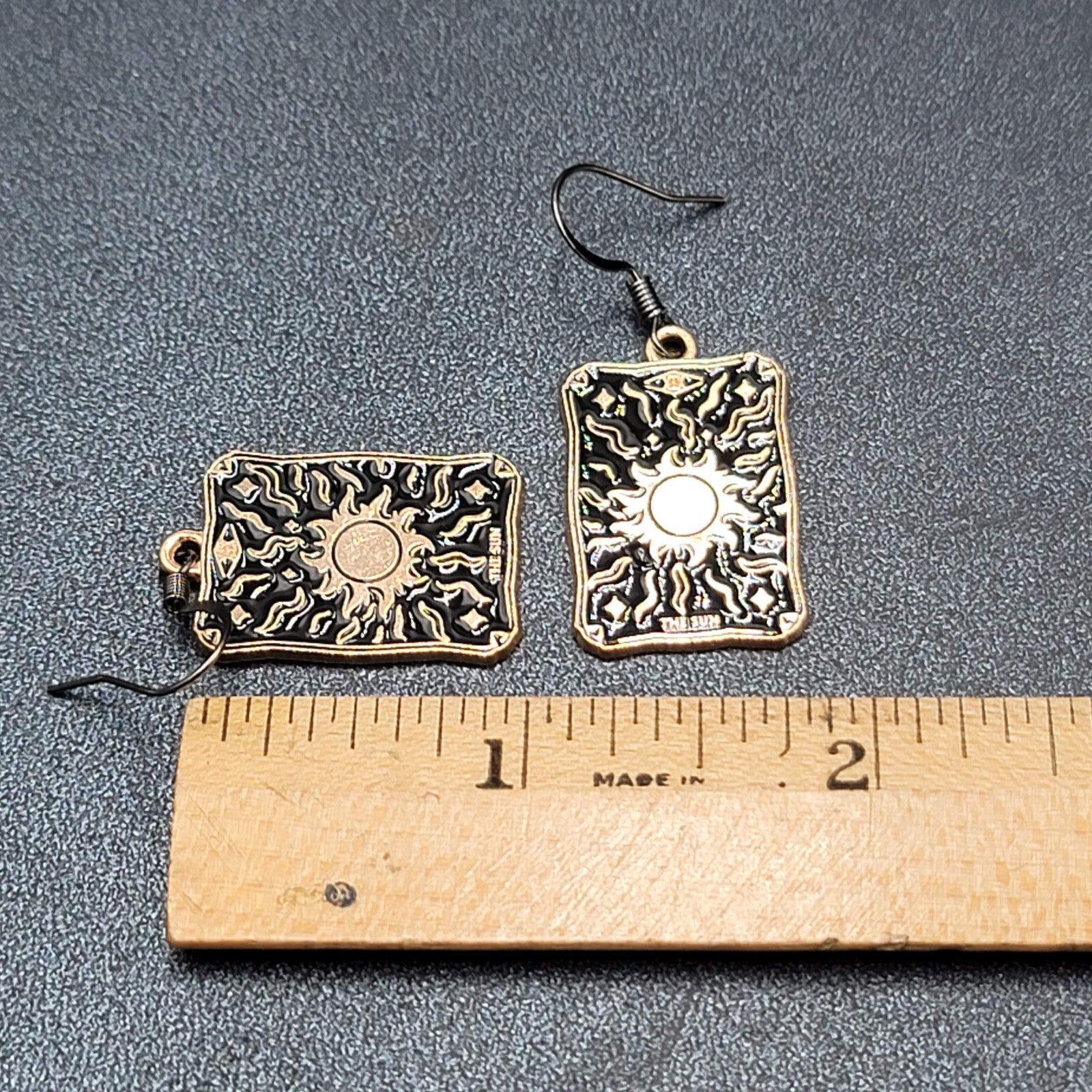 Tarot Card Pierced Earrings The SUN Gold tone Black 1"