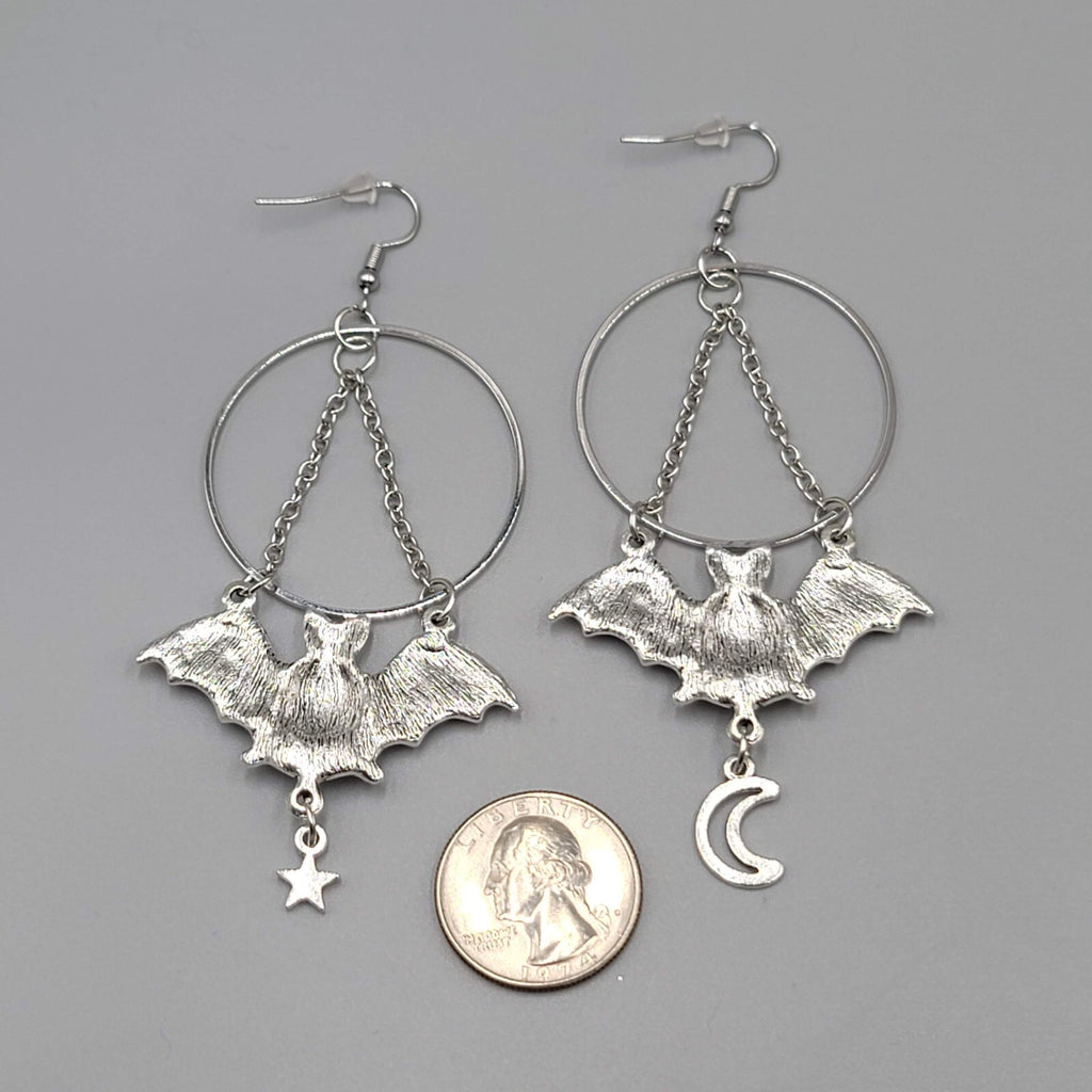 Bat Star Moon Pierced Earrings Large Gothic Punk Silver tone Dangle NEW 3.5"