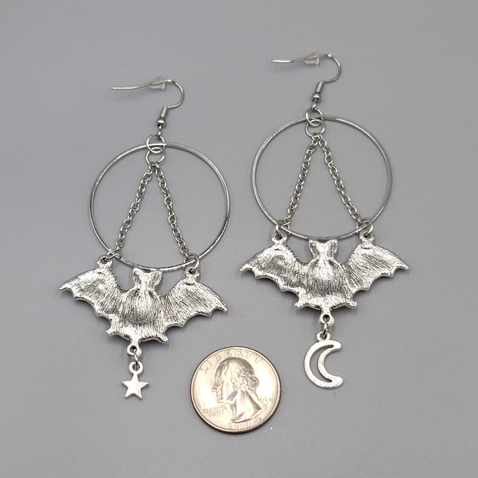 Bat Star Moon Pierced Earrings Large Gothic Punk Silver tone Dangle NEW 3.5"