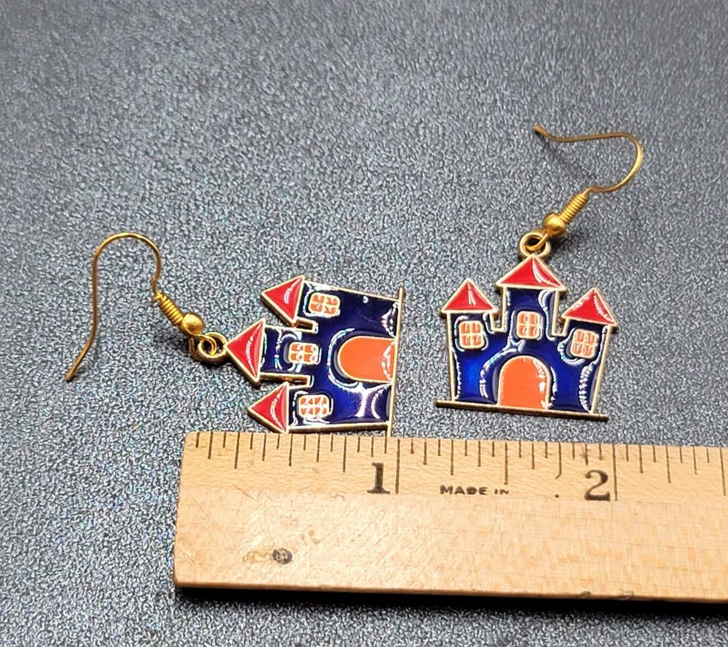 Purple Haunted House Halloween Pierced Earrings Gold tone Enamel Dangle 1"