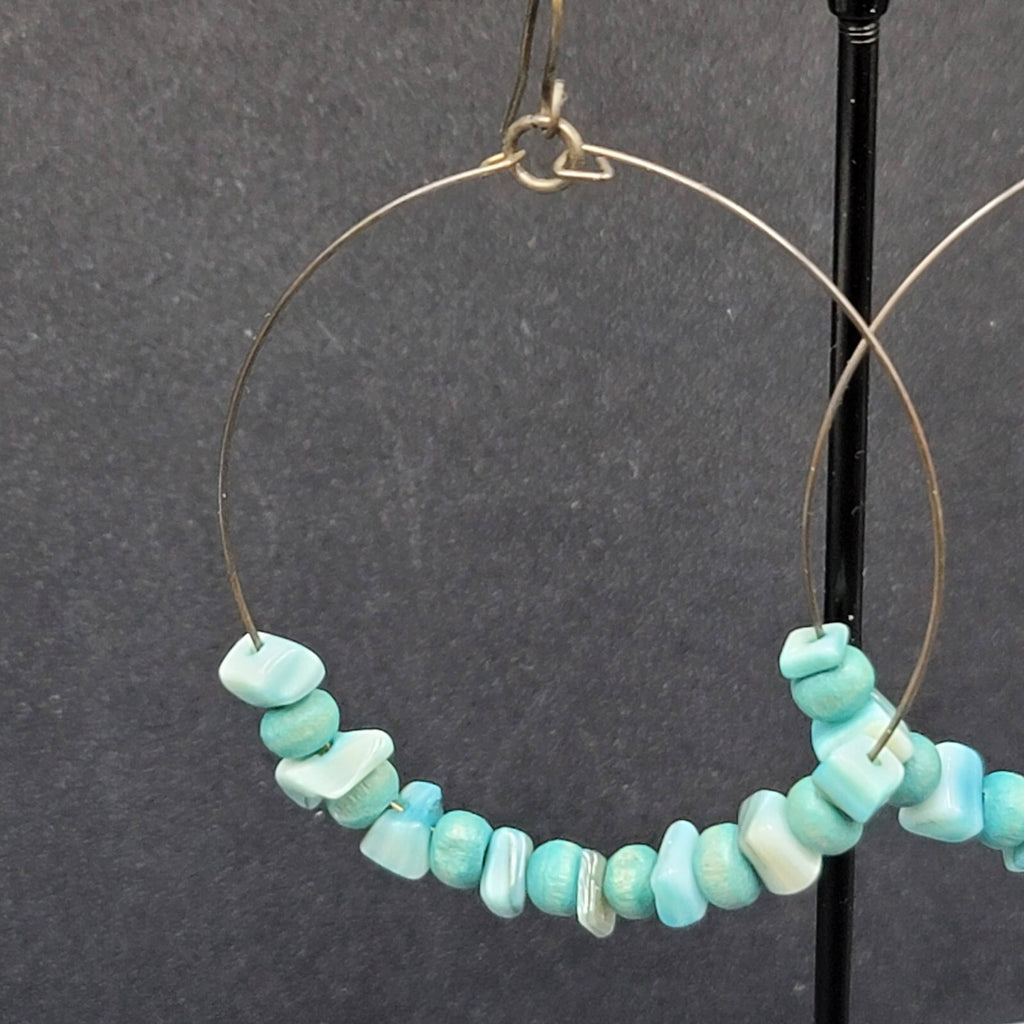 Pierced Earrings Bronze tone Blue Shell and Wood Bead Hoops  2"