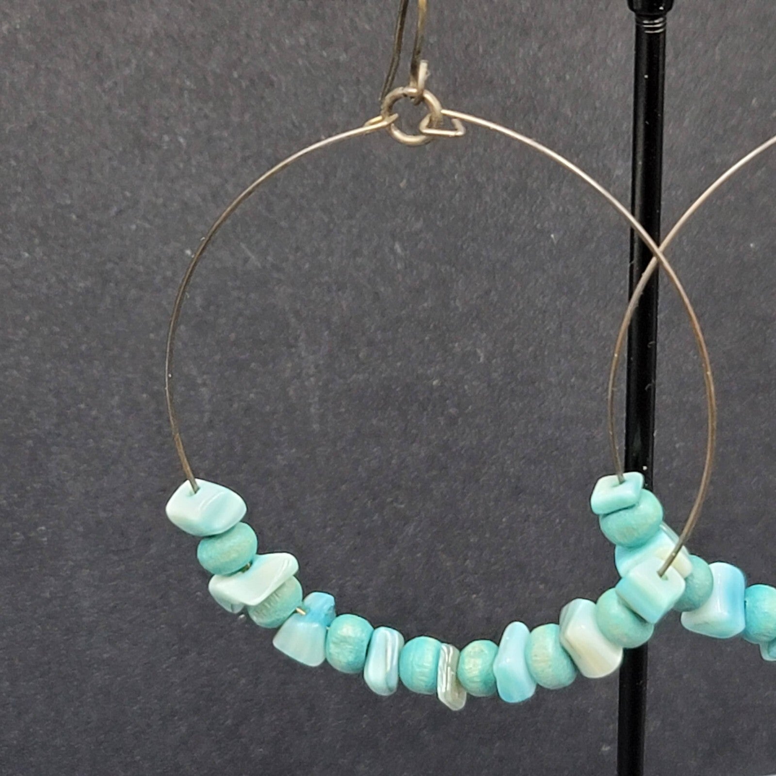 Pierced Earrings Bronze tone Blue Shell and Wood Bead Hoops  2"