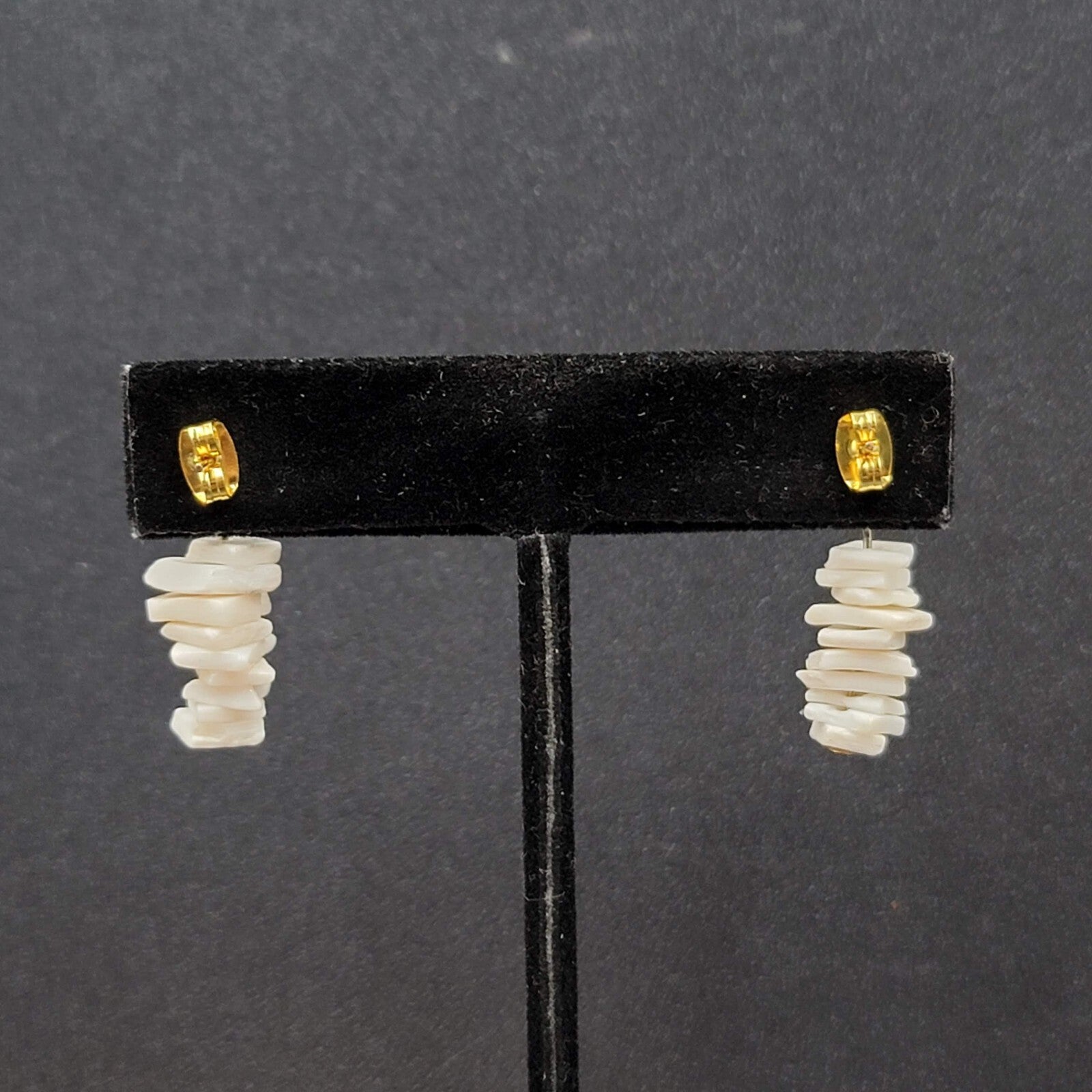 Vintage Pierced Earrings Gold tone White Heishi Shell Chip Dangle 3/4"