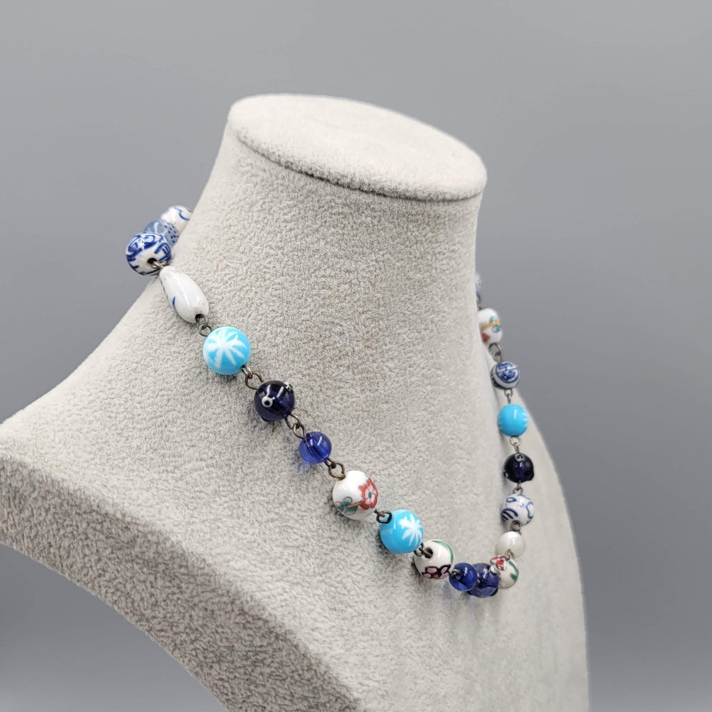 Eclectic Blue Glass Bead Necklace Flowers Multicolor Silver tone 16 in