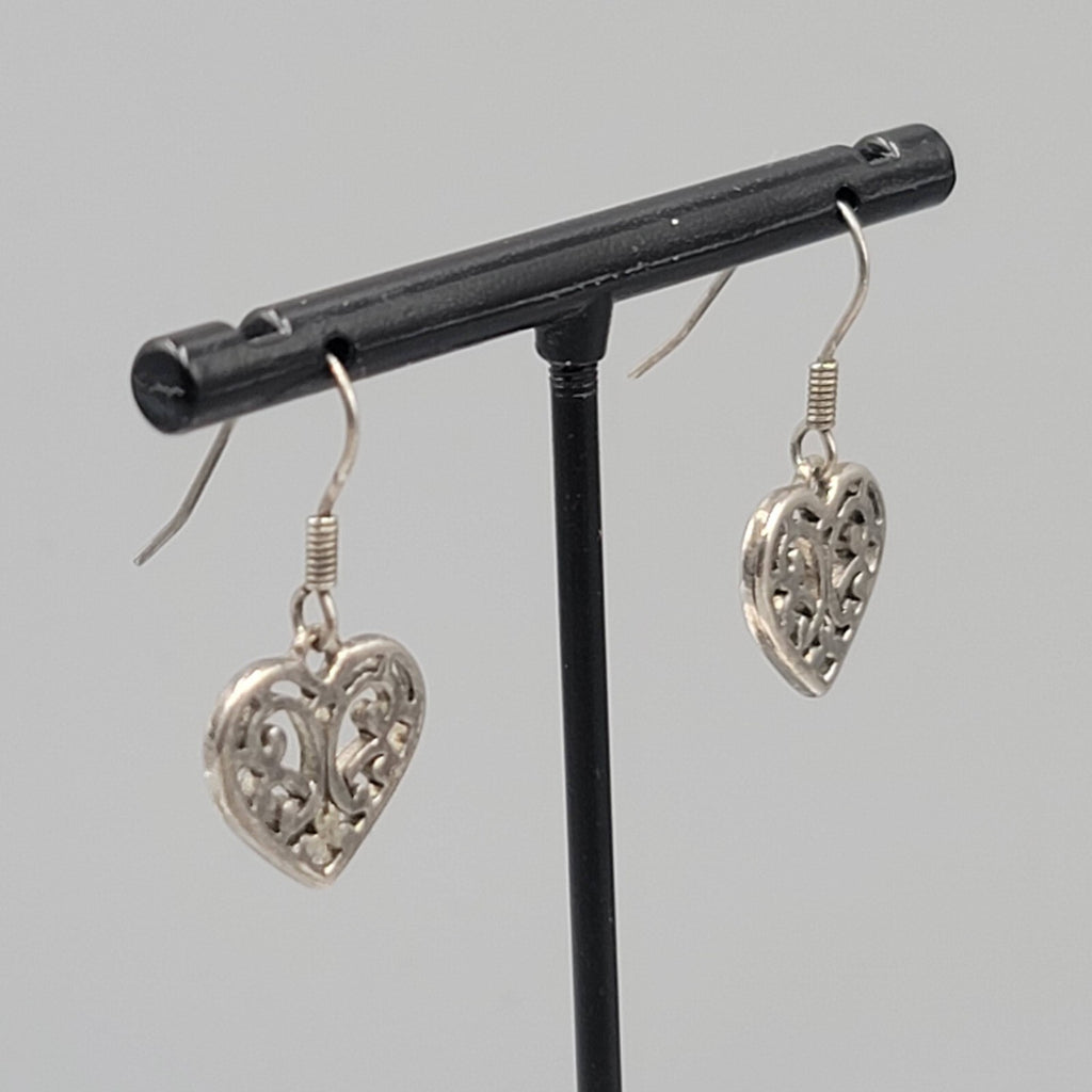 Heart Pierced Earrings Small Filigree Silver tone Dangle 1/2"