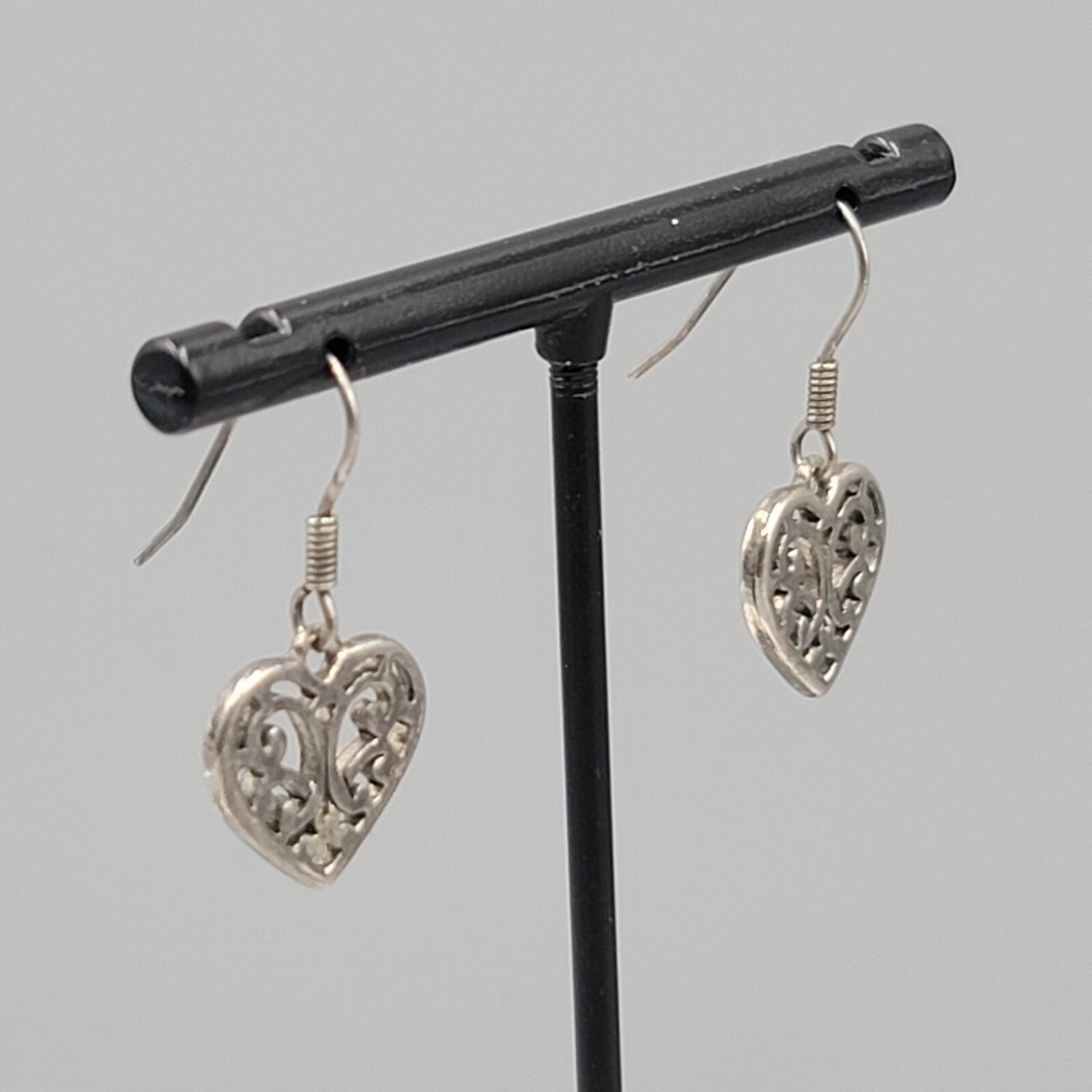 Heart Pierced Earrings Small Filigree Silver tone Dangle 1/2"