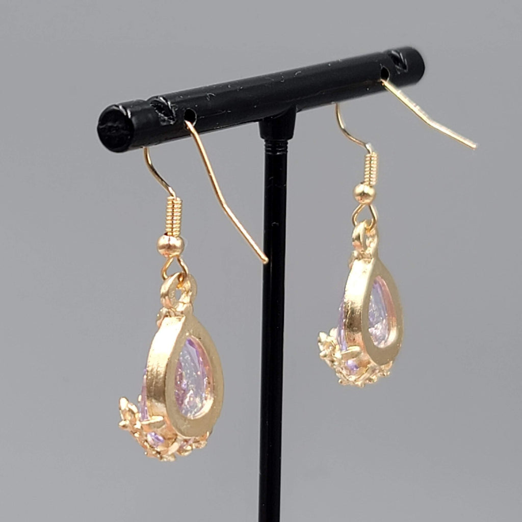 New Pierced Earrings Gold tone Glitter Purple Glass Teardrop Dangle 3/4"