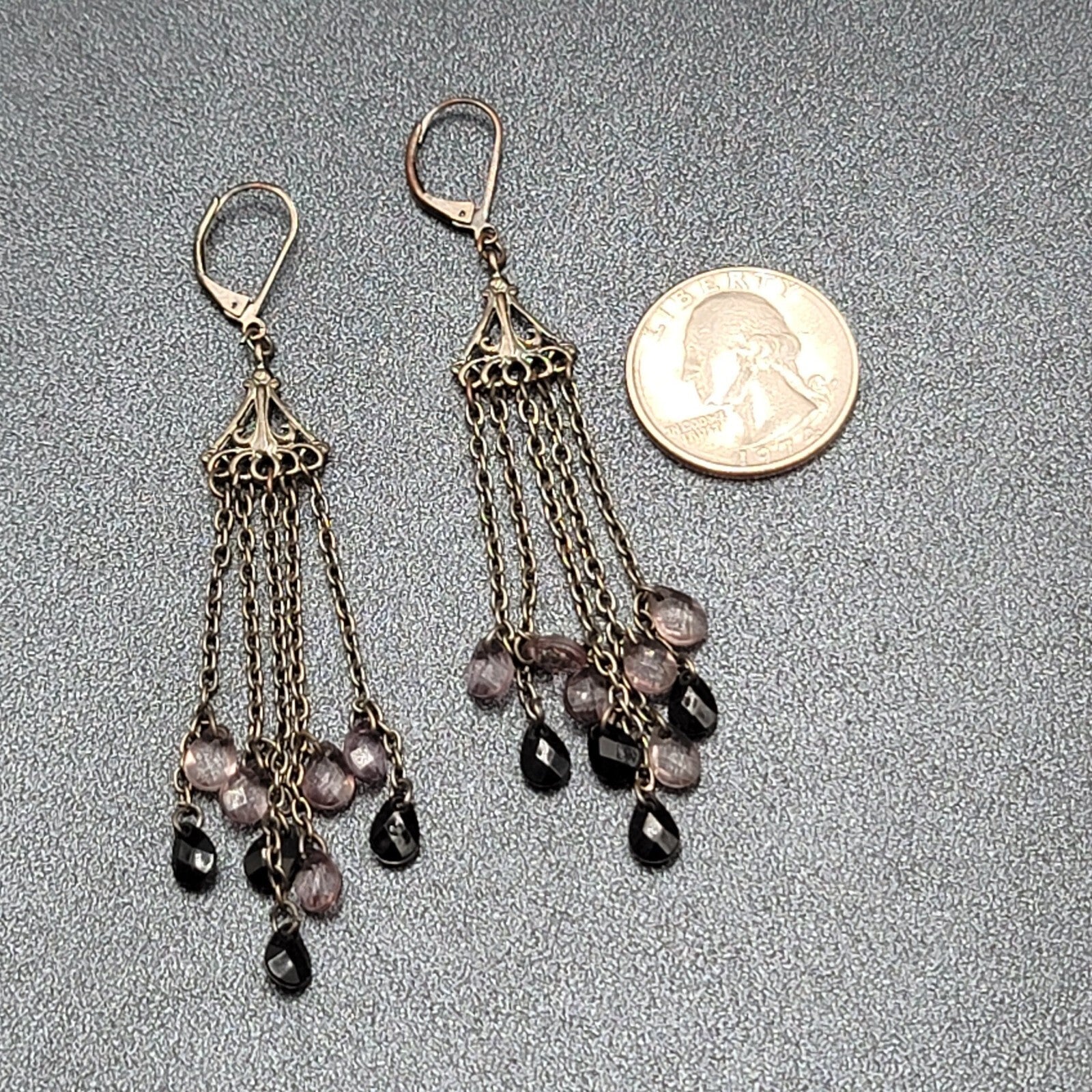 Pierced Earrings Gun Metal Gray Multi Chain Purple Black Beads 2 7/8"