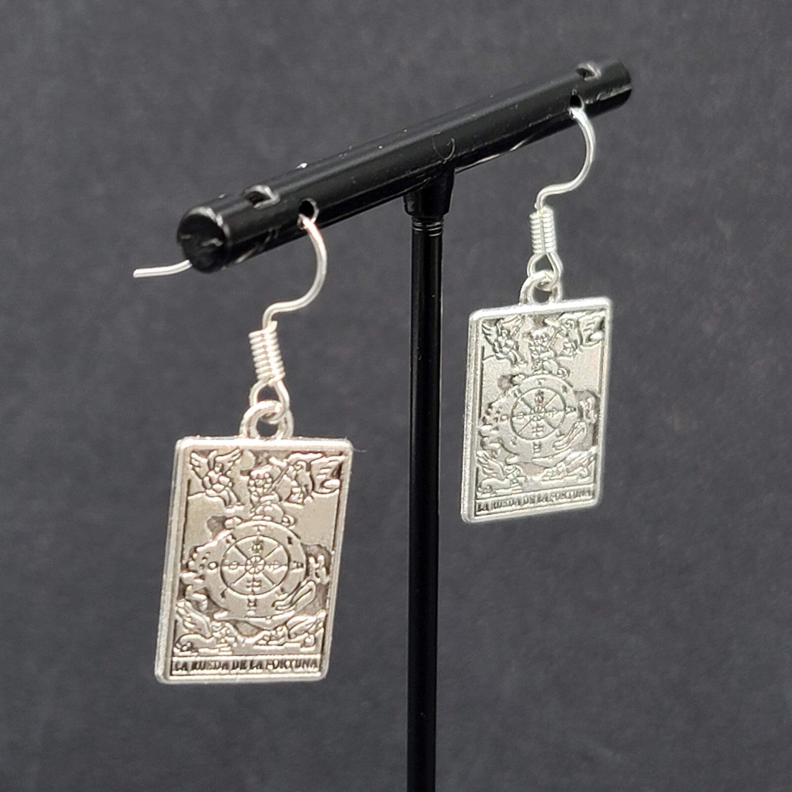 La Rueda de la Fortuna Tarot Card Pierced Earrings Silver tone 1"