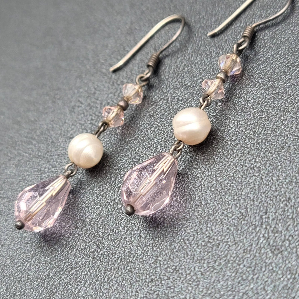 Pierced Earrings Silver tone Pink Crystal Teardrop Bead Pearl Bead 1 3/8"